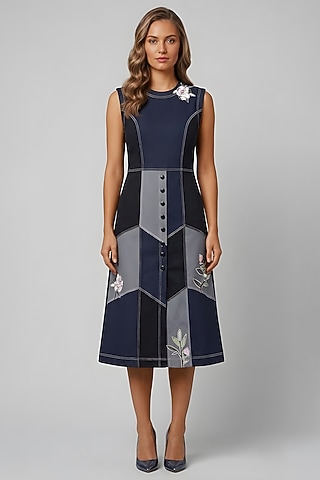 Black Stretch Denim Printed A-Line Midi Dress by Eshaani Jayaswal