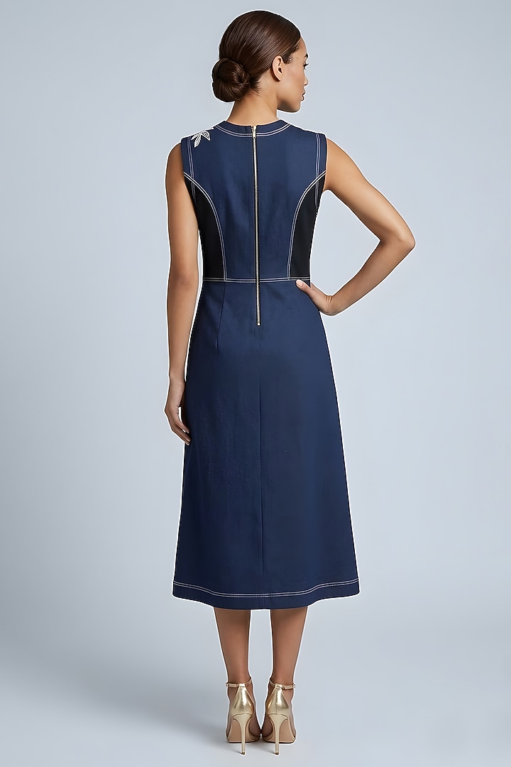 Black Stretch Denim Printed A-Line Midi Cocktail Dress by Eshaani Jayaswal at Pernia's Pop Up Shop