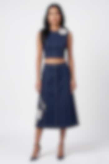 Dark Blue Stretch Denim A-Line Midi Skirt Set by Eshaani Jayaswal at Pernia's Pop Up Shop
