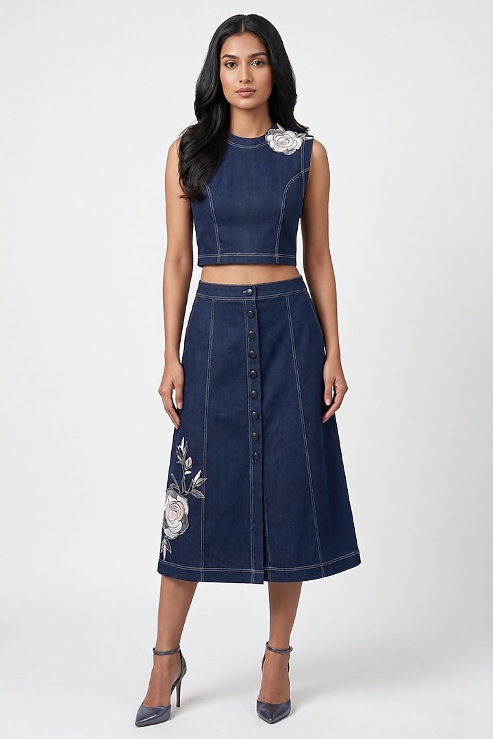 Dark Blue Stretch Denim A-Line Midi Skirt Set by Eshaani Jayaswal at Pernia's Pop Up Shop