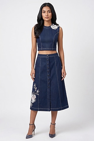 Dark Blue Stretch Denim A-Line Midi Skirt Set by Eshaani Jayaswal