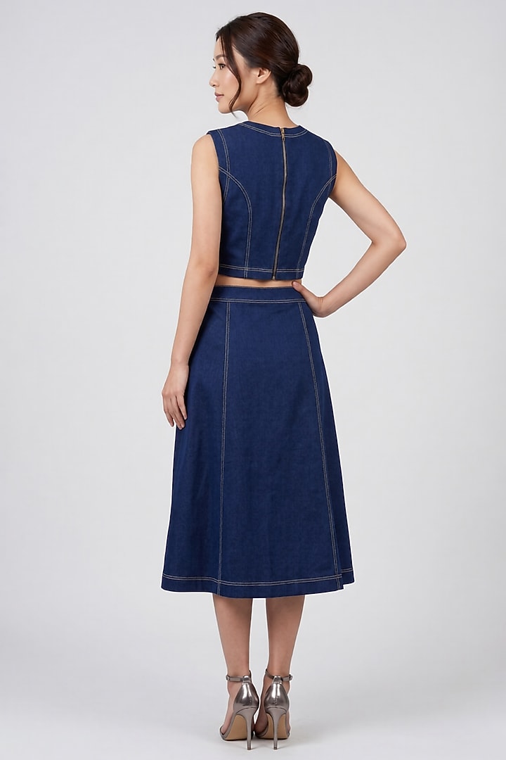Dark Blue Stretch Denim A-Line Midi Skirt Set by Eshaani Jayaswal at Pernia's Pop Up Shop