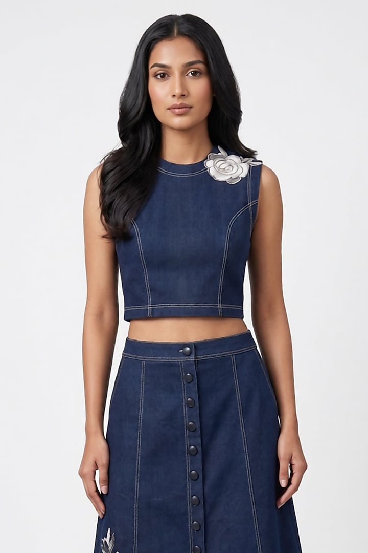 Dark Blue Stretch Denim A-Line Midi Skirt Set by Eshaani Jayaswal at Pernia's Pop Up Shop