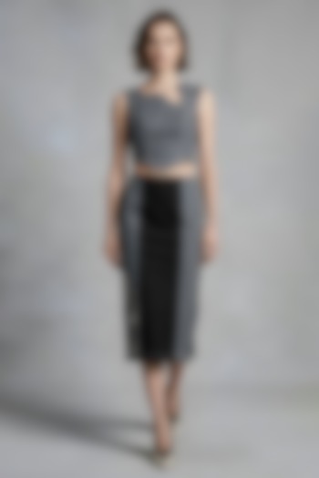 Grey & Black Stretch Denim Midi Pencil Skirt Set by Eshaani Jayaswal at Pernia's Pop Up Shop