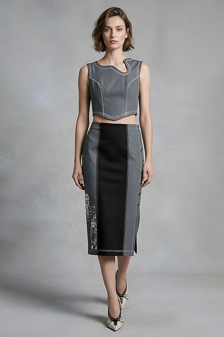 Grey & Black Stretch Denim Midi Pencil Skirt Set by Eshaani Jayaswal at Pernia's Pop Up Shop