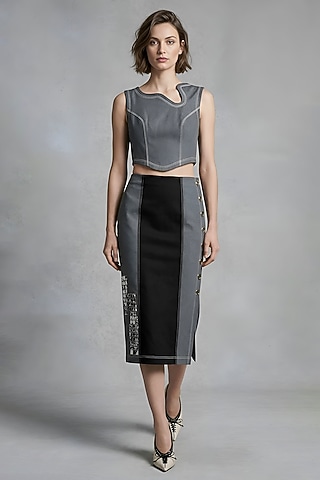 Grey & Black Stretch Denim Midi Pencil Skirt Set by Eshaani Jayaswal