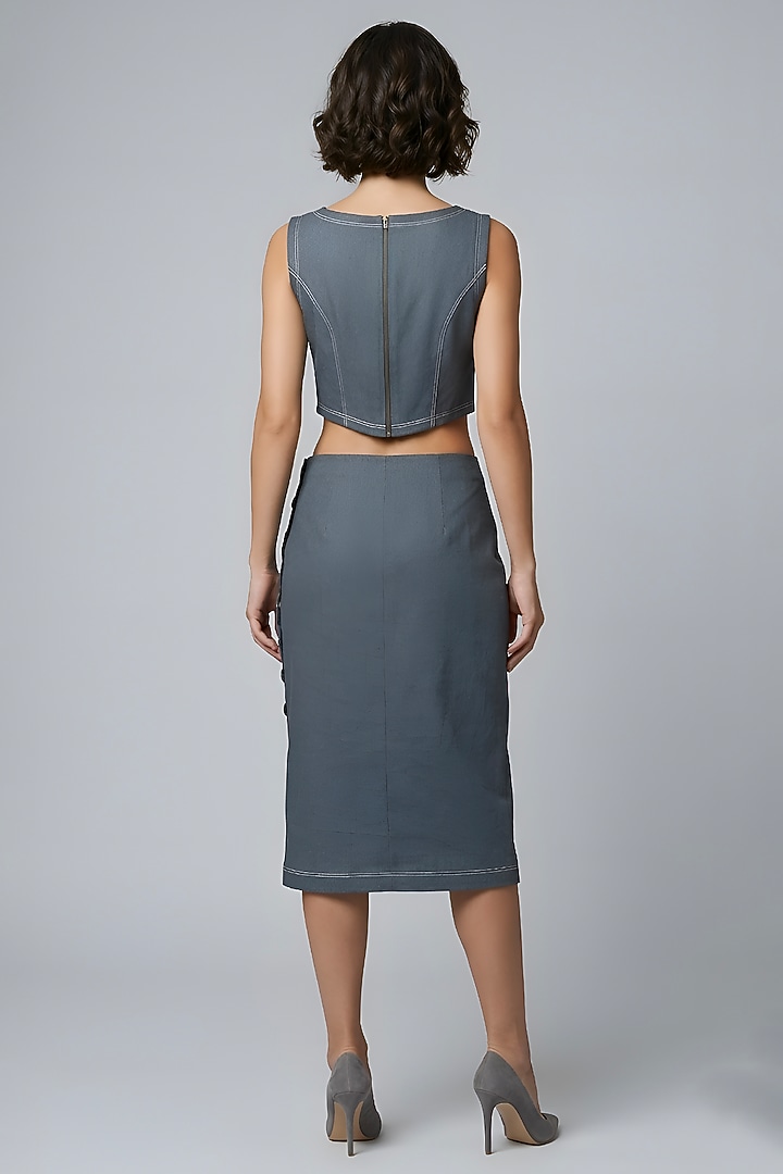 Grey & Black Stretch Denim Midi Pencil Skirt Set by Eshaani Jayaswal at Pernia's Pop Up Shop