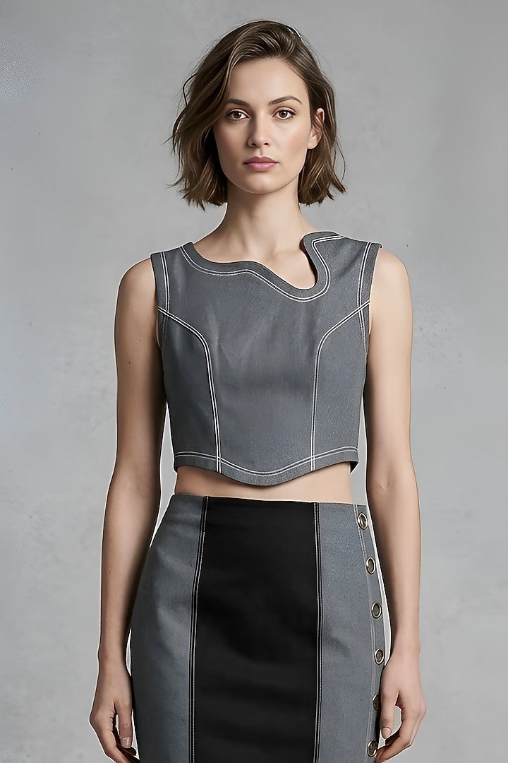 Grey & Black Stretch Denim Midi Pencil Skirt Set by Eshaani Jayaswal at Pernia's Pop Up Shop