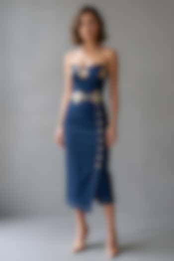 Dark Blue Stretch Denim Asymmetrical Tube Cocktail Dress by Eshaani Jayaswal at Pernia's Pop Up Shop