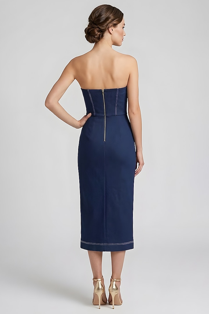 Dark Blue Stretch Denim Asymmetrical Tube Cocktail Dress by Eshaani Jayaswal at Pernia's Pop Up Shop