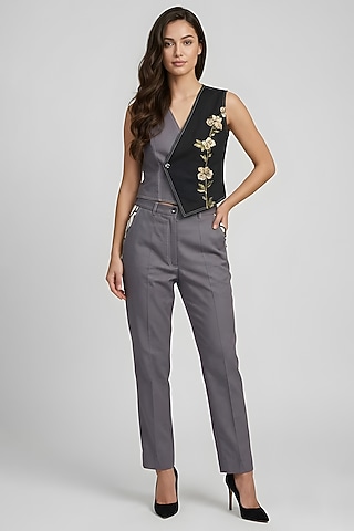 Grey & Black Cotton Waistcoat Set by Eshaani Jayaswal