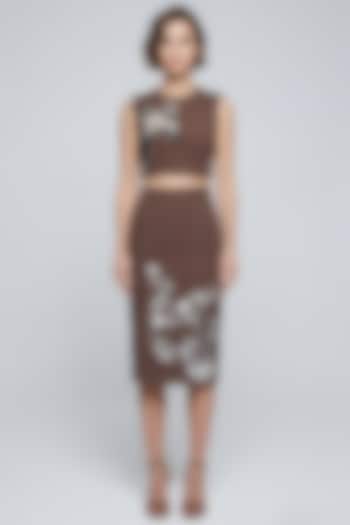 Brown Stretch Denim Printed & Embroidered Skirt Set by Eshaani Jayaswal at Pernia's Pop Up Shop