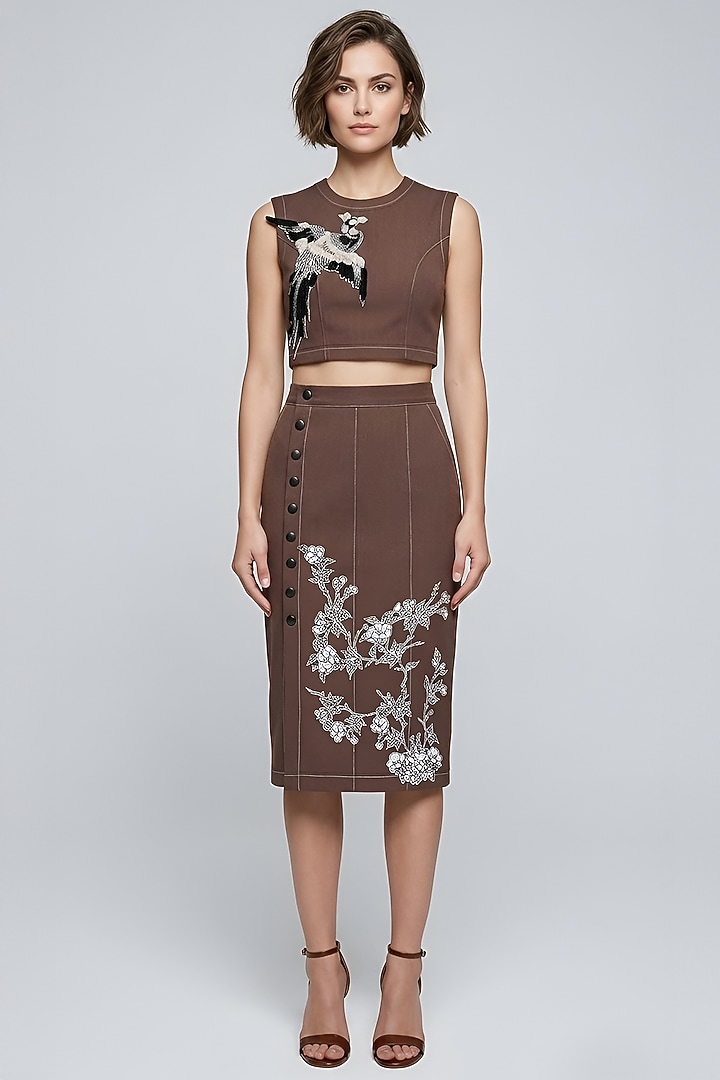 Brown Stretch Denim Printed & Embroidered Skirt Set by Eshaani Jayaswal at Pernia's Pop Up Shop