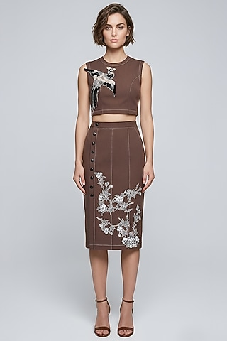 Brown Stretch Denim Printed & Embroidered Skirt Set by Eshaani Jayaswal