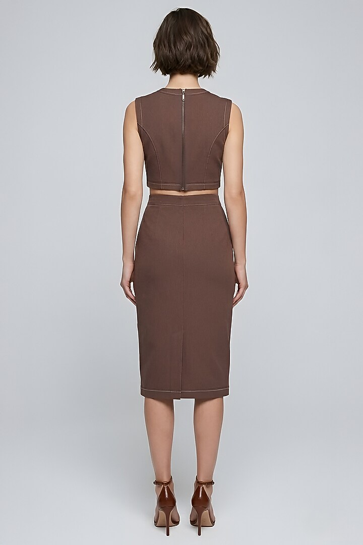 Brown Stretch Denim Printed & Embroidered Skirt Set by Eshaani Jayaswal at Pernia's Pop Up Shop