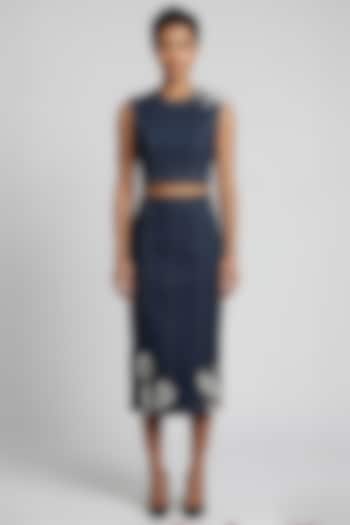 Dark Blue Stretch Denim Printed & Embroidered Skirt Set by Eshaani Jayaswal at Pernia's Pop Up Shop