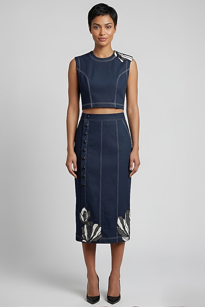 Dark Blue Stretch Denim Printed & Embroidered Skirt Set by Eshaani Jayaswal at Pernia's Pop Up Shop