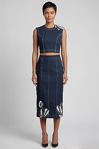 Dark Blue Stretch Denim Printed & Embroidered Skirt Set by Eshaani Jayaswal