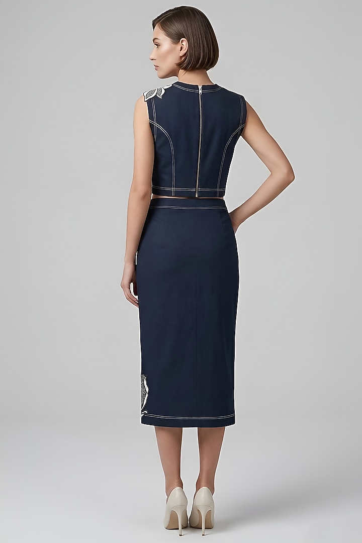Dark Blue Stretch Denim Printed & Embroidered Skirt Set by Eshaani Jayaswal at Pernia's Pop Up Shop