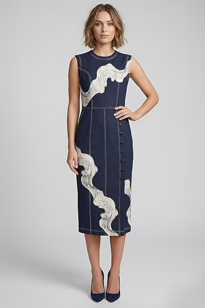 Dark Denim Blue Stretch Denim Midi Cocktail Dress by Eshaani Jayaswal at Pernia's Pop Up Shop
