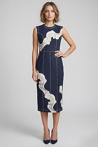 Dark Denim Blue Stretch Denim Midi Dress by Eshaani Jayaswal