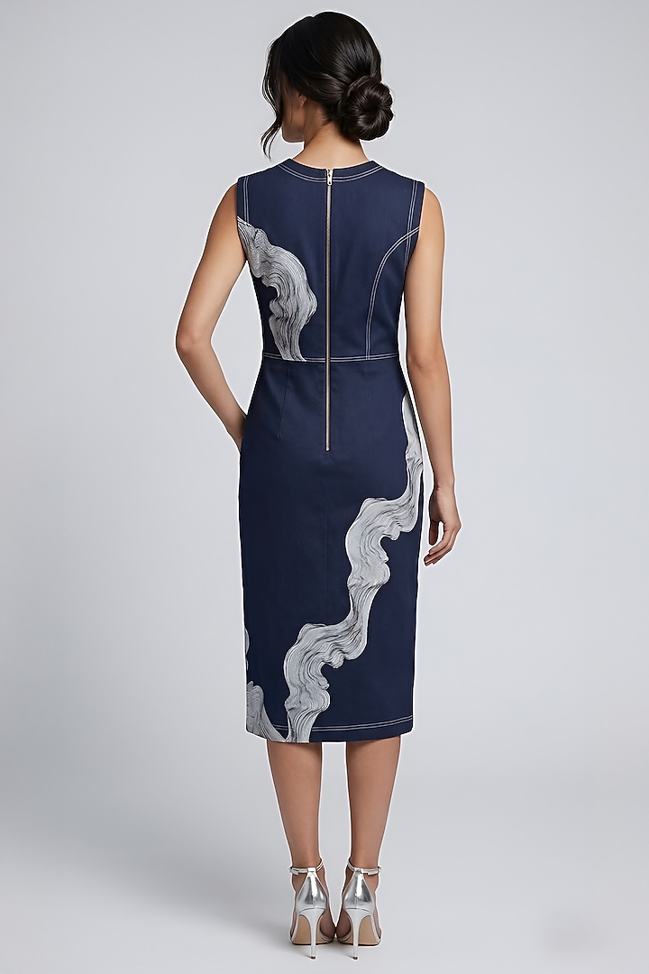Dark Denim Blue Stretch Denim Midi Cocktail Dress by Eshaani Jayaswal at Pernia's Pop Up Shop