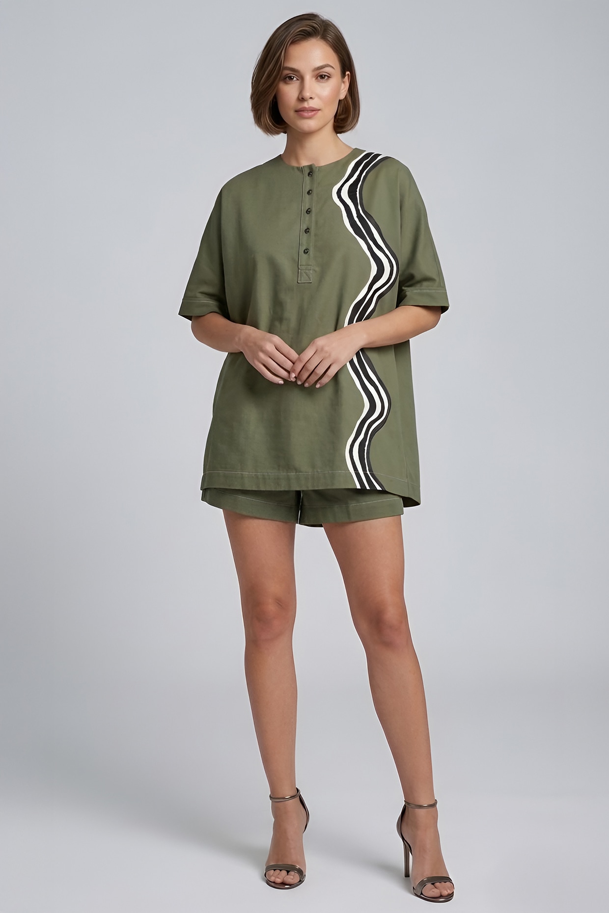 Eshaani Jayaswal Olive Stretch Denim Printed & Embroidered Co-Ord Set