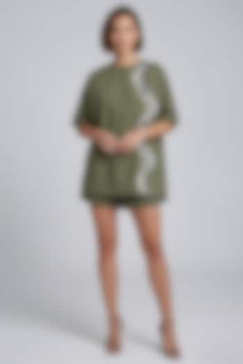 Olive Stretch Denim Printed & Embroidered Co-Ord Set by Eshaani Jayaswal at Pernia's Pop Up Shop