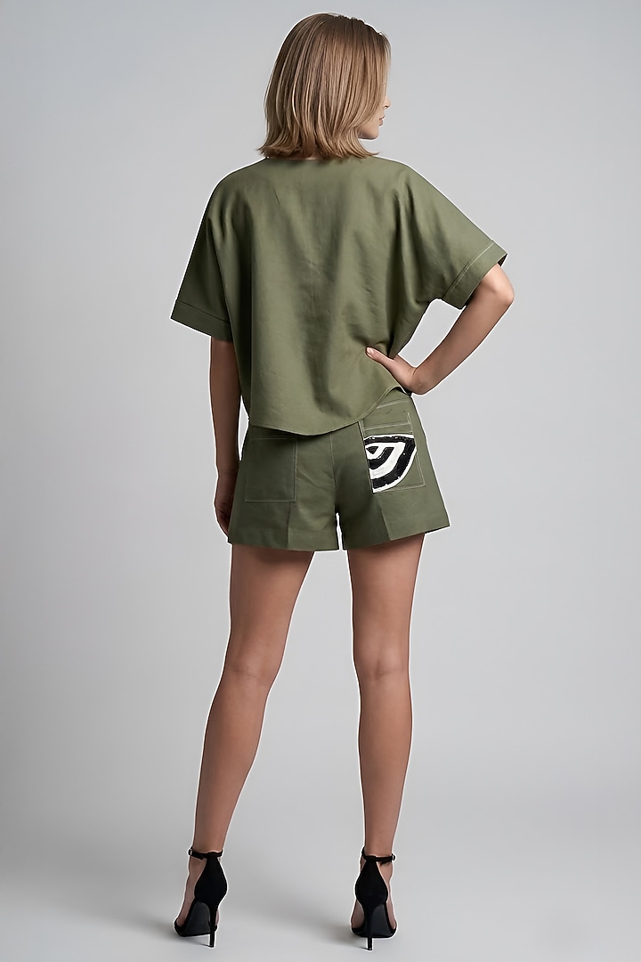Olive Stretch Denim Printed & Embroidered Co-Ord Set by Eshaani Jayaswal at Pernia's Pop Up Shop