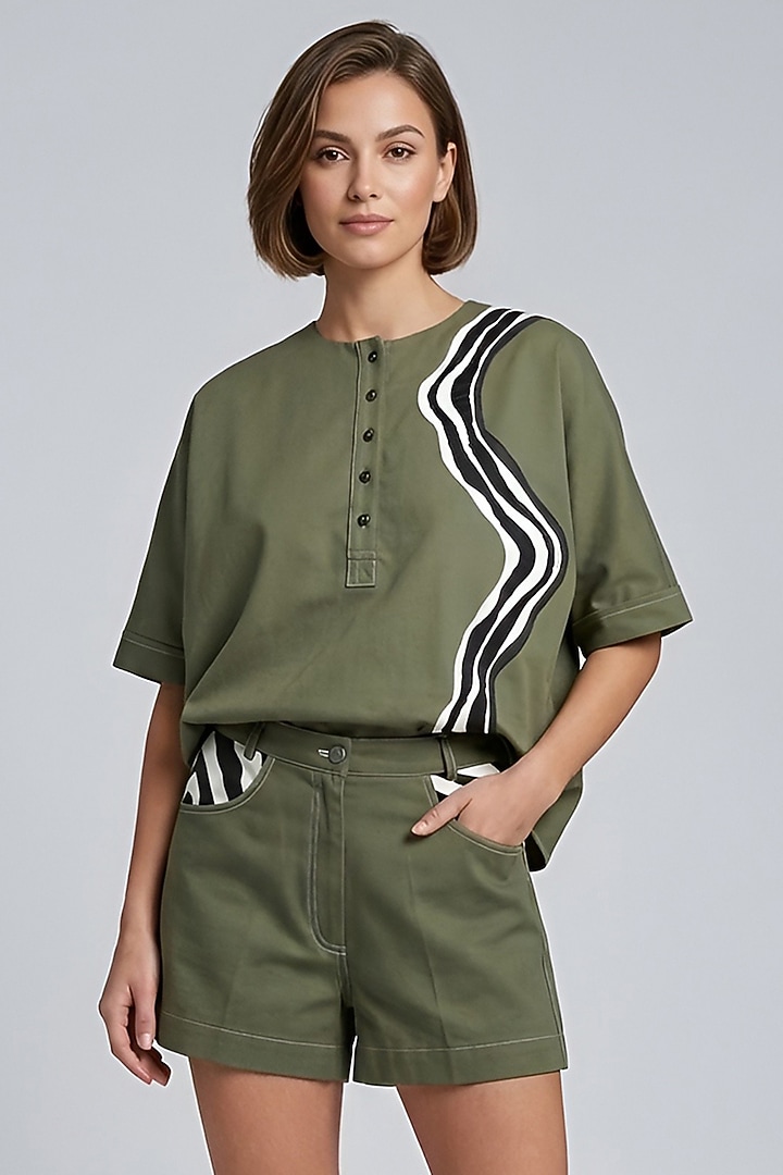 Olive Stretch Denim Printed & Embroidered Co-Ord Set by Eshaani Jayaswal at Pernia's Pop Up Shop