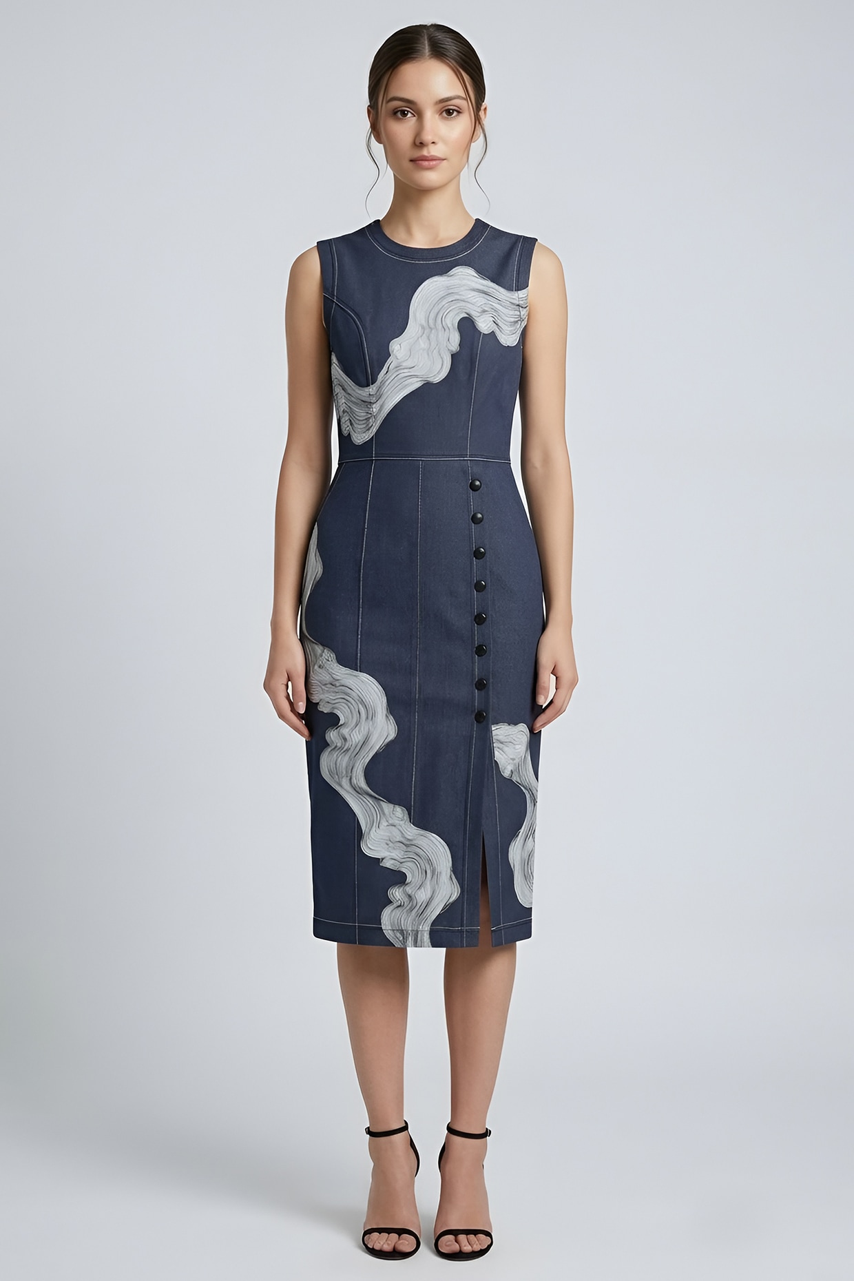 Eshaani Jayaswal Grey Stretch Denim Printed Midi Pencil Dress