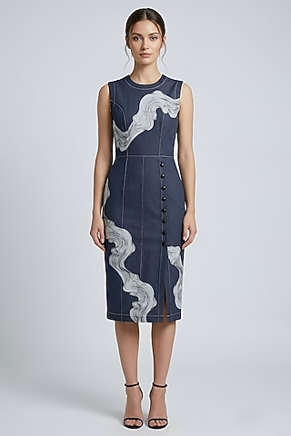 Grey Stretch Denim Printed Midi Pencil Dress by Eshaani Jayaswal