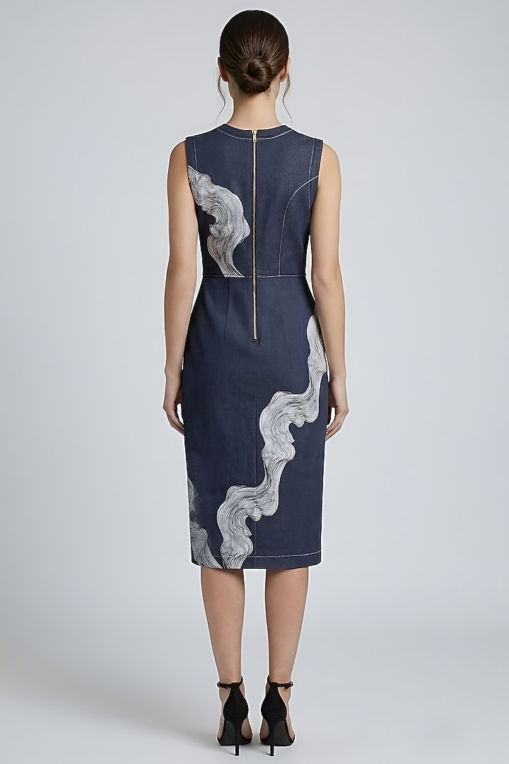 Grey Stretch Denim Printed Midi Pencil Cocktail Dress by Eshaani Jayaswal at Pernia's Pop Up Shop