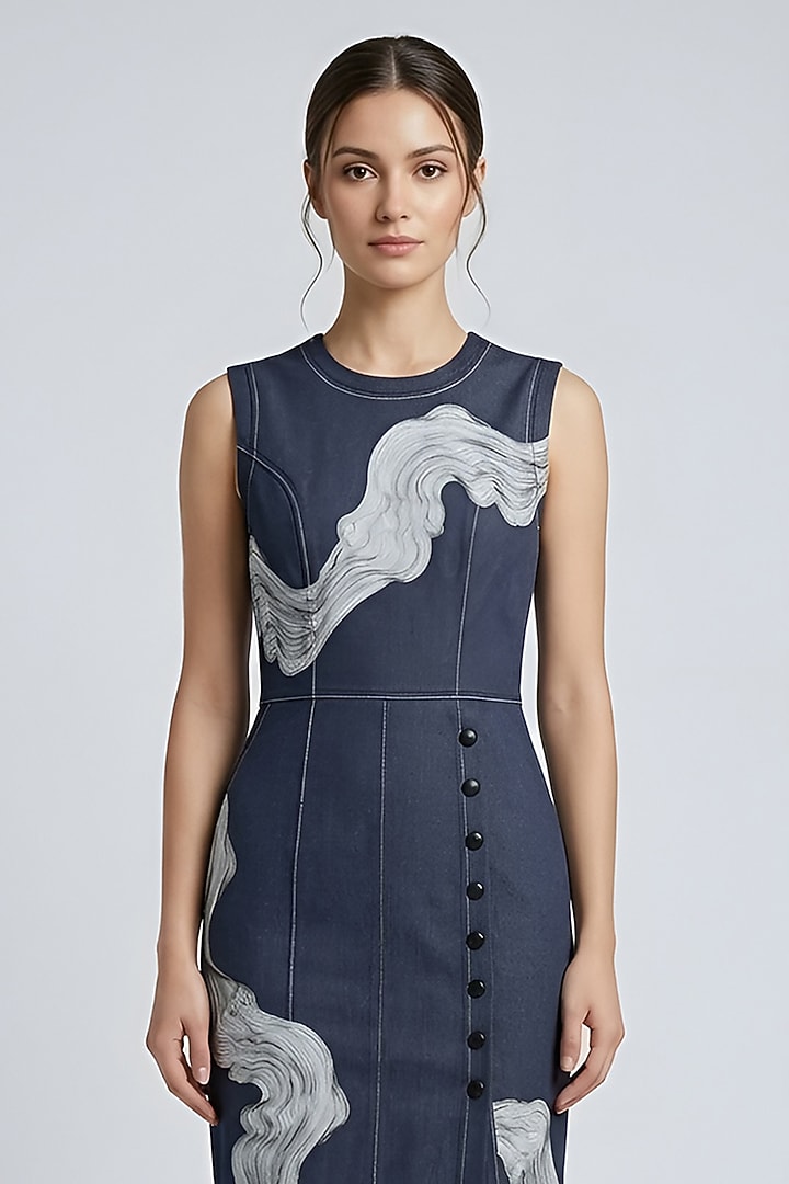 Grey Stretch Denim Printed Midi Pencil Cocktail Dress by Eshaani Jayaswal at Pernia's Pop Up Shop