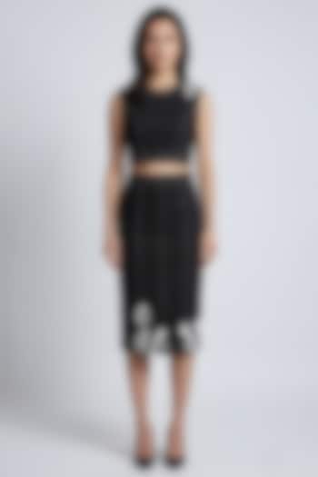 Black Stretch Denim Floral Embroidered Midi SKirt Set by Eshaani Jayaswal at Pernia's Pop Up Shop