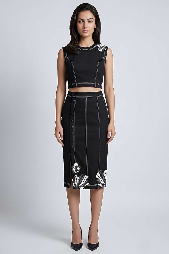 Black Stretch Denim Floral Embroidered Midi SKirt Set by Eshaani Jayaswal at Pernia's Pop Up Shop