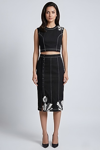 Black Stretch Denim Floral Embroidered Midi SKirt Set by Eshaani Jayaswal