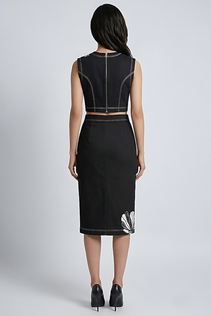 Black Stretch Denim Floral Embroidered Midi SKirt Set by Eshaani Jayaswal at Pernia's Pop Up Shop