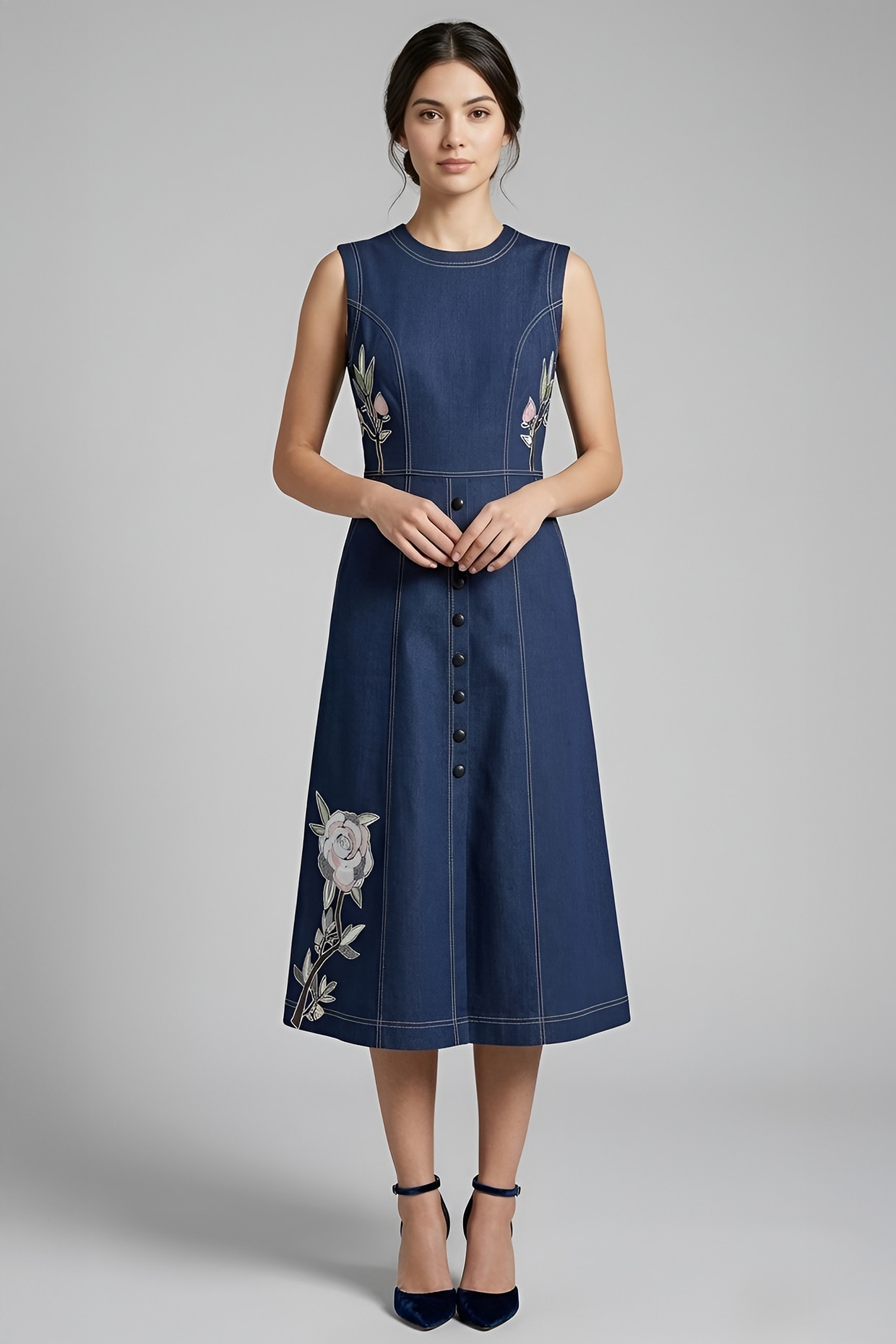 Eshaani Jayaswal Dark Blue Stretch Denim Floral Embroidered A-Line Midi Dress