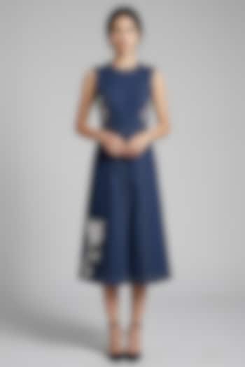Dark Blue Stretch Denim Floral Embroidered A-Line Midi Vacation Dress by Eshaani Jayaswal at Pernia's Pop Up Shop