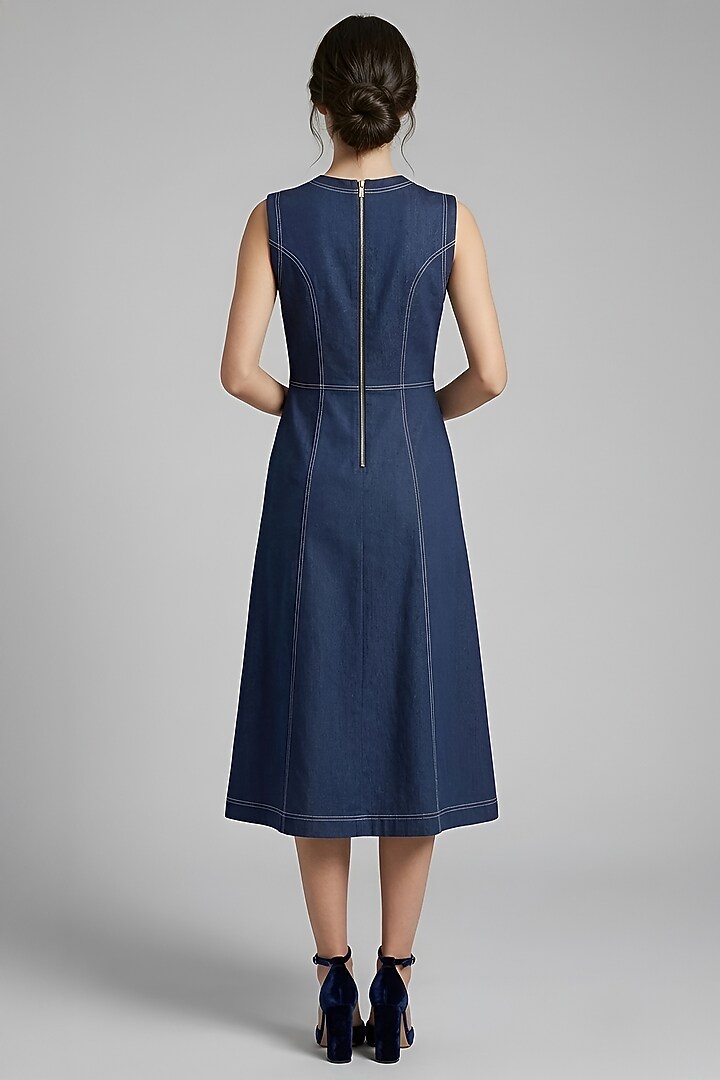 Dark Blue Stretch Denim Floral Embroidered A-Line Midi Vacation Dress by Eshaani Jayaswal at Pernia's Pop Up Shop