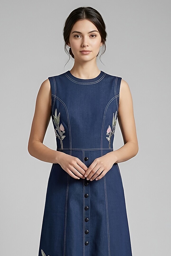 Dark Blue Stretch Denim Floral Embroidered A-Line Midi Vacation Dress by Eshaani Jayaswal at Pernia's Pop Up Shop