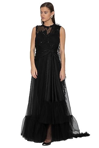 Black Embellished Gown Saree by Eshaani Jayaswal