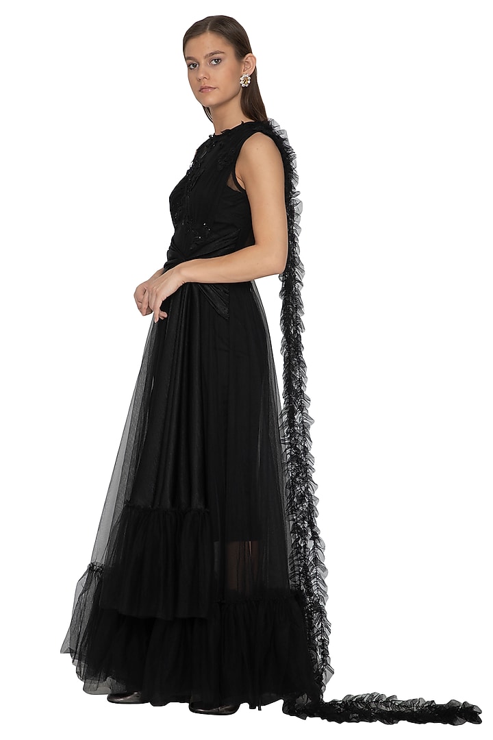 Black Embellished Wedding Gown Saree by Eshaani Jayaswal at Pernia's Pop Up Shop