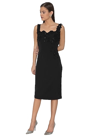 Black Hand Embellished Scalloped Neck Dress by Eshaani Jayaswal