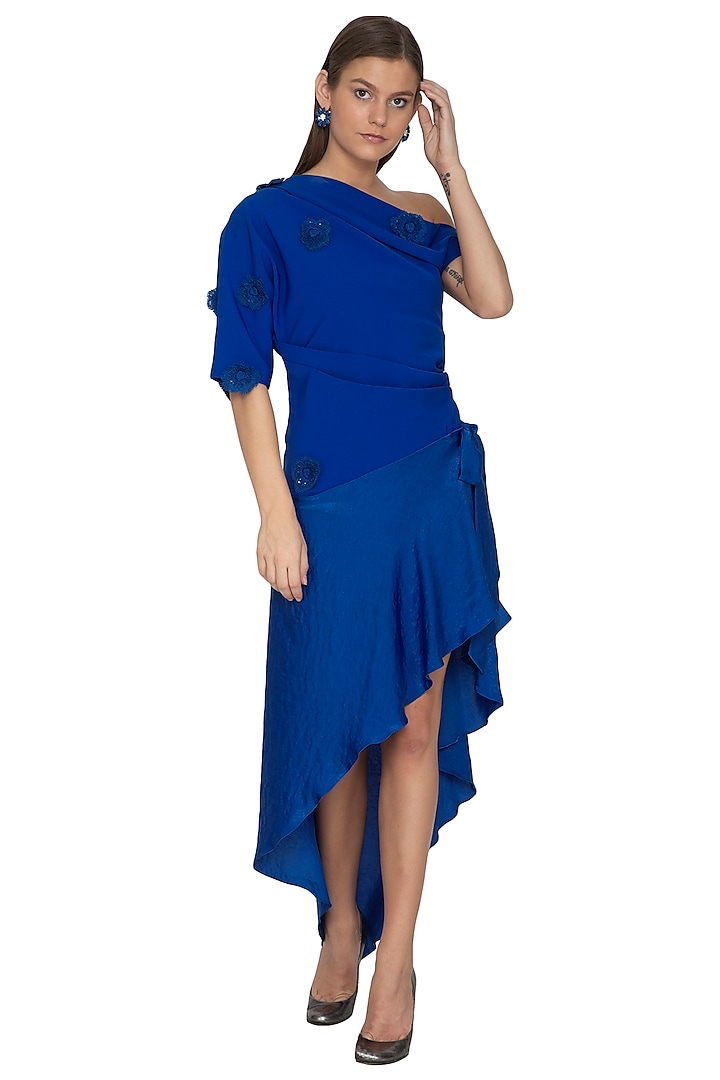 Electric Blue Embroidered Asymmetrical Wrap Dress by Eshaani Jayaswal