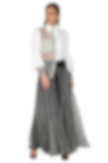 White Embroidered Shirt With Black & Grey Skirt by Eshaani Jayaswal