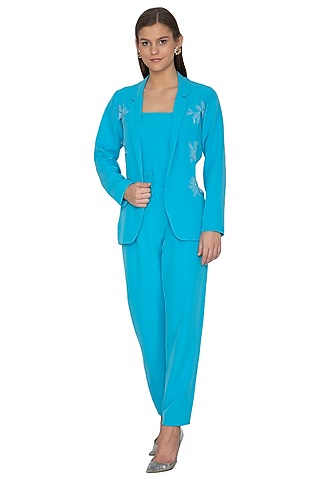 Azure Blue Embroidered Top With Pants & Jacket by Eshaani Jayaswal