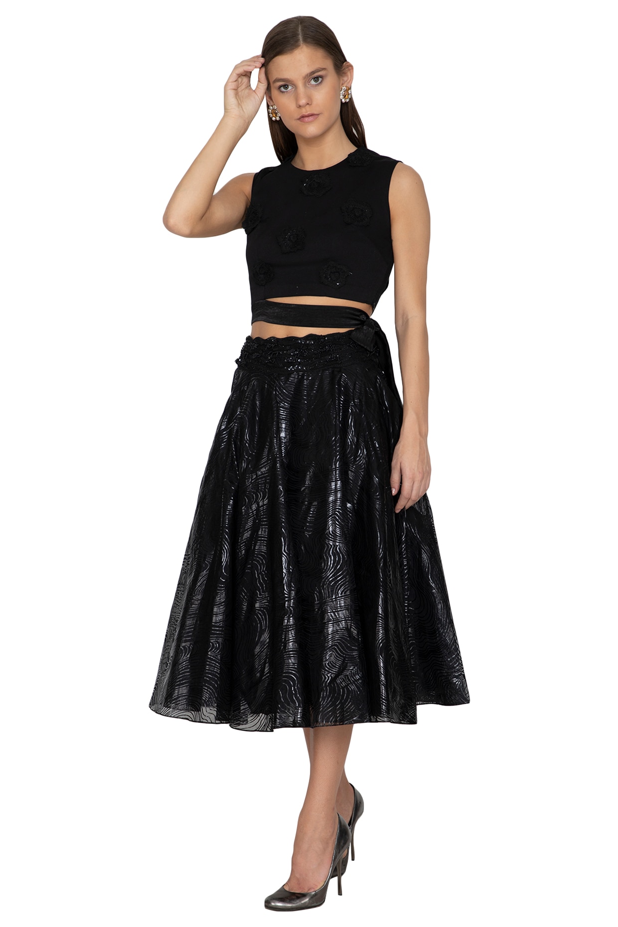 Black Embellished Crop Top With Skirt 