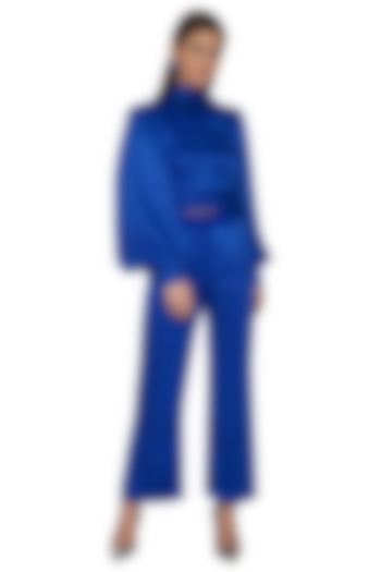 Electric Blue Embroidered Bow Tie-Up Shirt With Trouser Pants by Eshaani Jayaswal